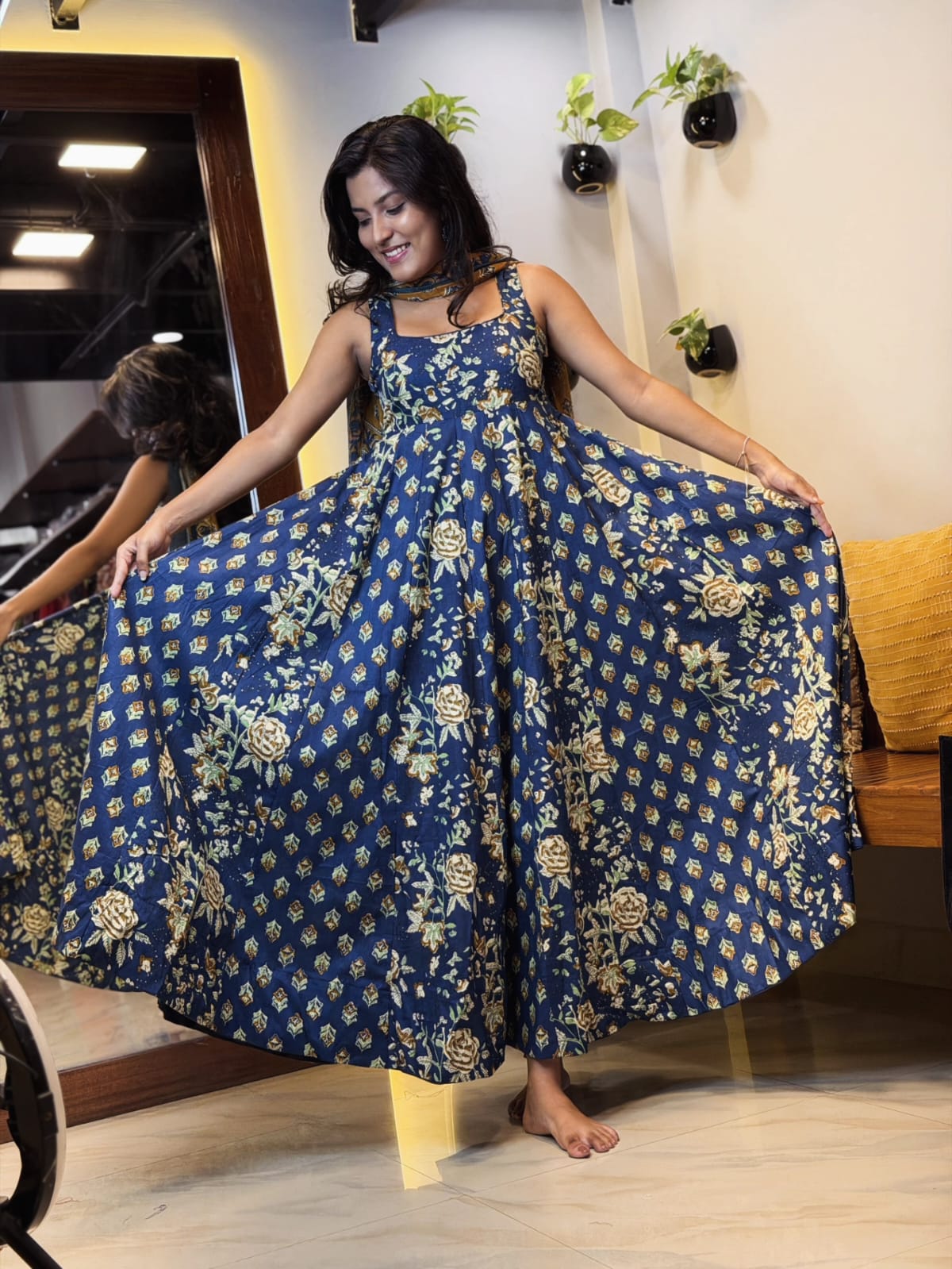 [PBC1045] Indigo Kalamkari Floral Jaipur Soft Cotton – full-length view showing the Anarkali flare