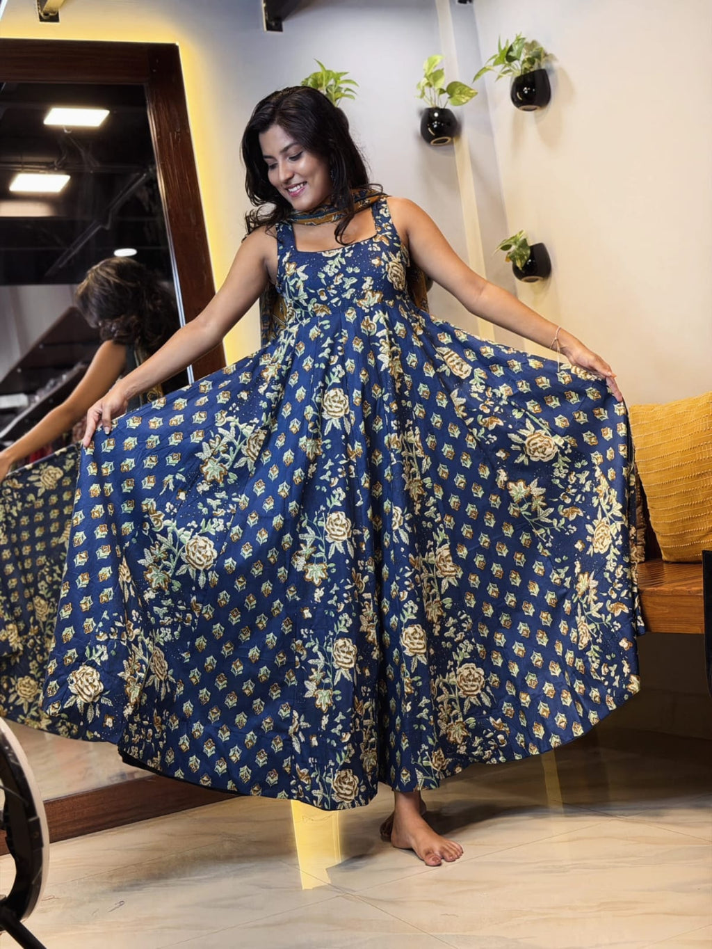[PBC1045] Indigo Kalamkari Floral Jaipur Soft Cotton – full-length view showing the Anarkali flare