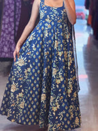 [PBC1045] Indigo Kalamkari Floral Jaipur Soft Cotton – in-store view showing the skirt flare and Kalamkari print