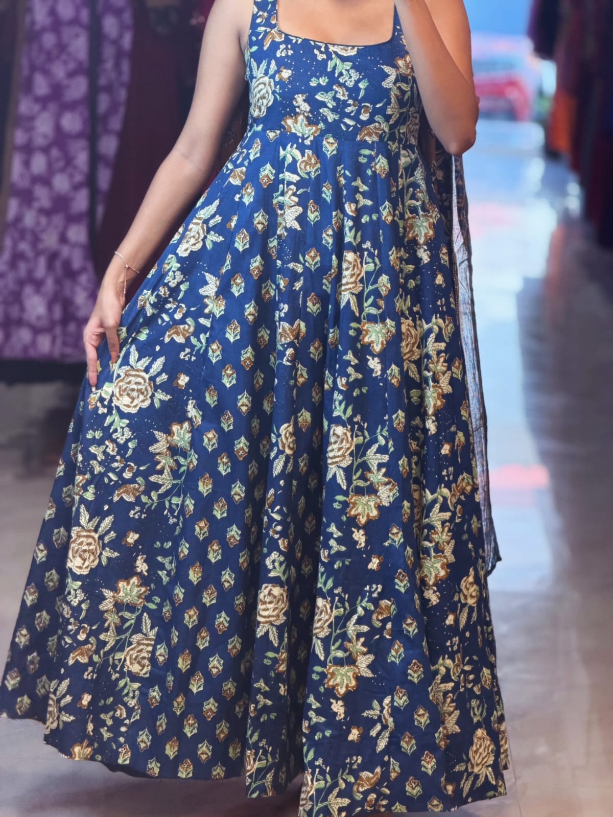 [PBC1045] Indigo Kalamkari Floral Jaipur Soft Cotton – in-store view showing the skirt flare and Kalamkari print