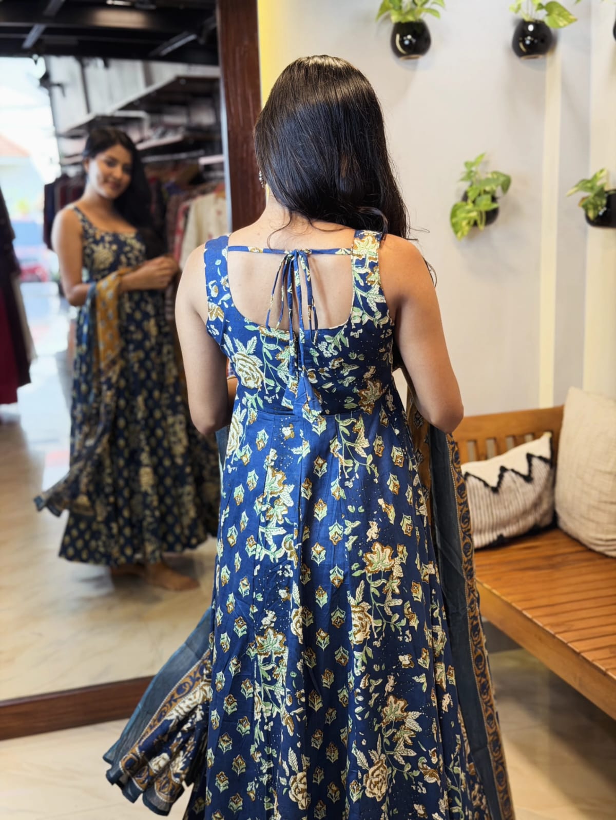 [PBC1045] Indigo Kalamkari Floral Jaipur Soft Cotton – back view showing the tie-back neckline