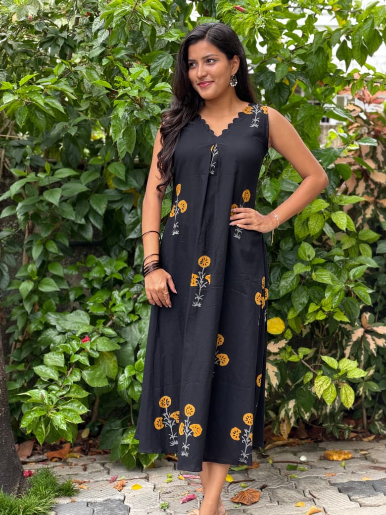 [PBC1046] Black Marigold Block-Print Jaipur Soft Cotton – full-length front view showing the silhouette and marigold block print