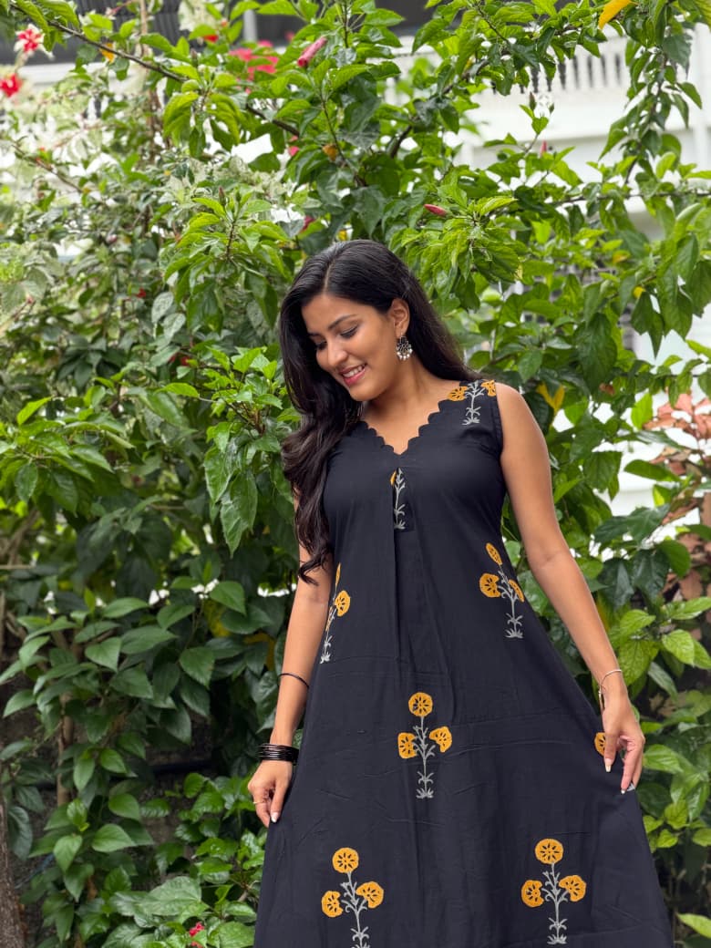 [PBC1046] Black Marigold Block-Print Jaipur Soft Cotton – three-quarter view showing the dress drape and print placement