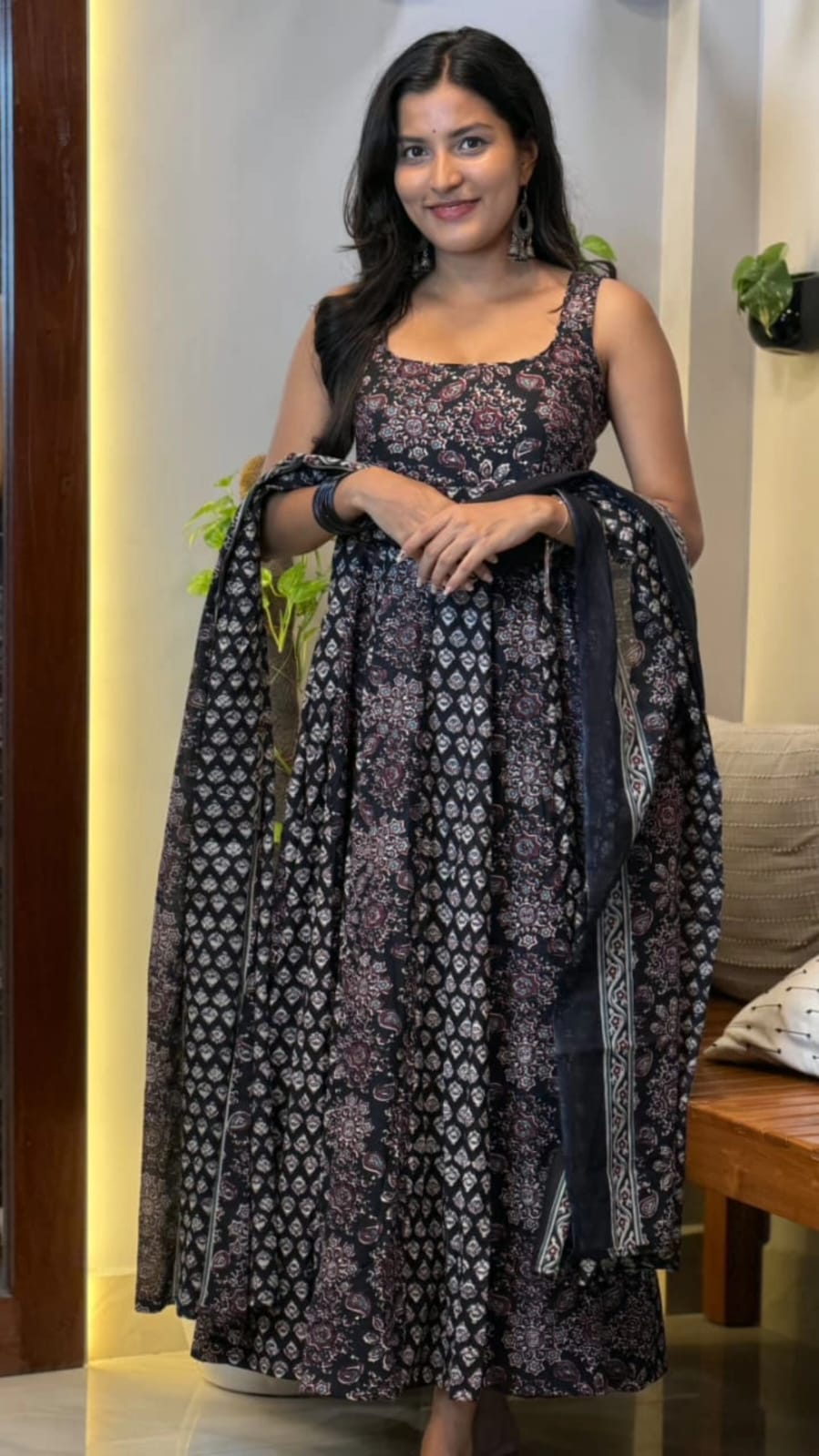 [PBC1047] Black Ajrakh Paisley Jaipur Soft Cotton – full-length front view showing the Panel-Cut Anarkali silhouette with dupatta