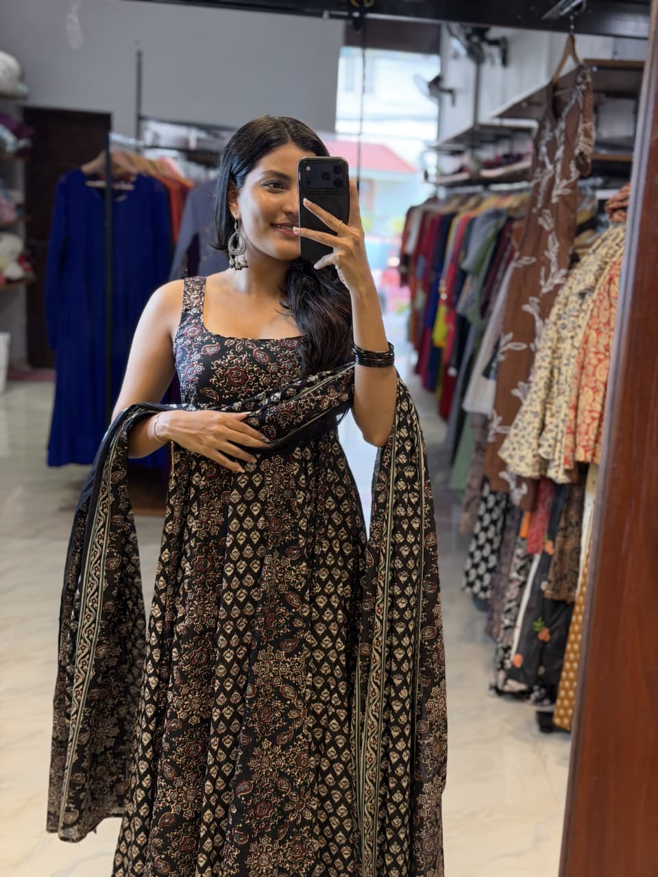 [PBC1047] Black Ajrakh Paisley Jaipur Soft Cotton – full-length in-store mirror view showing the silhouette