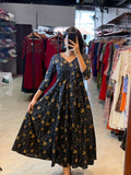 [PBC1048] Black Mustard Lotus Vine Jaipur Soft Cotton – full-length front view showing the Panel-Cut Anarkali silhouette and lotus-vine print