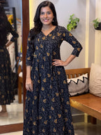 [PBC1048] Black Mustard Lotus Vine Jaipur Soft Cotton – full-length view showing the Anarkali flare