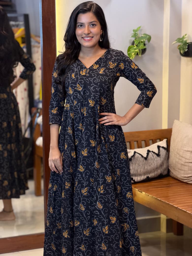 [PBC1048] Black Mustard Lotus Vine Jaipur Soft Cotton – full-length view showing the Anarkali flare