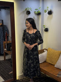 [PBC1049] Black Floral Outline Jaipur Soft Cotton – full-length front view showing the A-Line silhouette and floral outline print