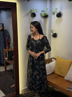 [PBC1049] Black Floral Outline Jaipur Soft Cotton – full-length front view showing the A-Line silhouette and floral outline print