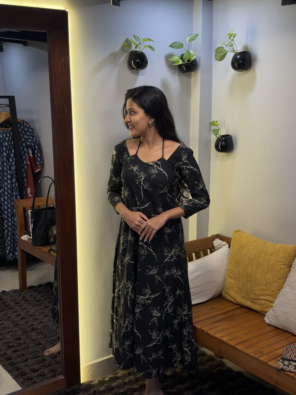 [PBC1049] Black Floral Outline Jaipur Soft Cotton – full-length front view showing the A-Line silhouette and floral outline print