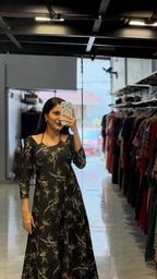 [PBC1049] Black Floral Outline Jaipur Soft Cotton – full-length in-store mirror view showing the silhouette