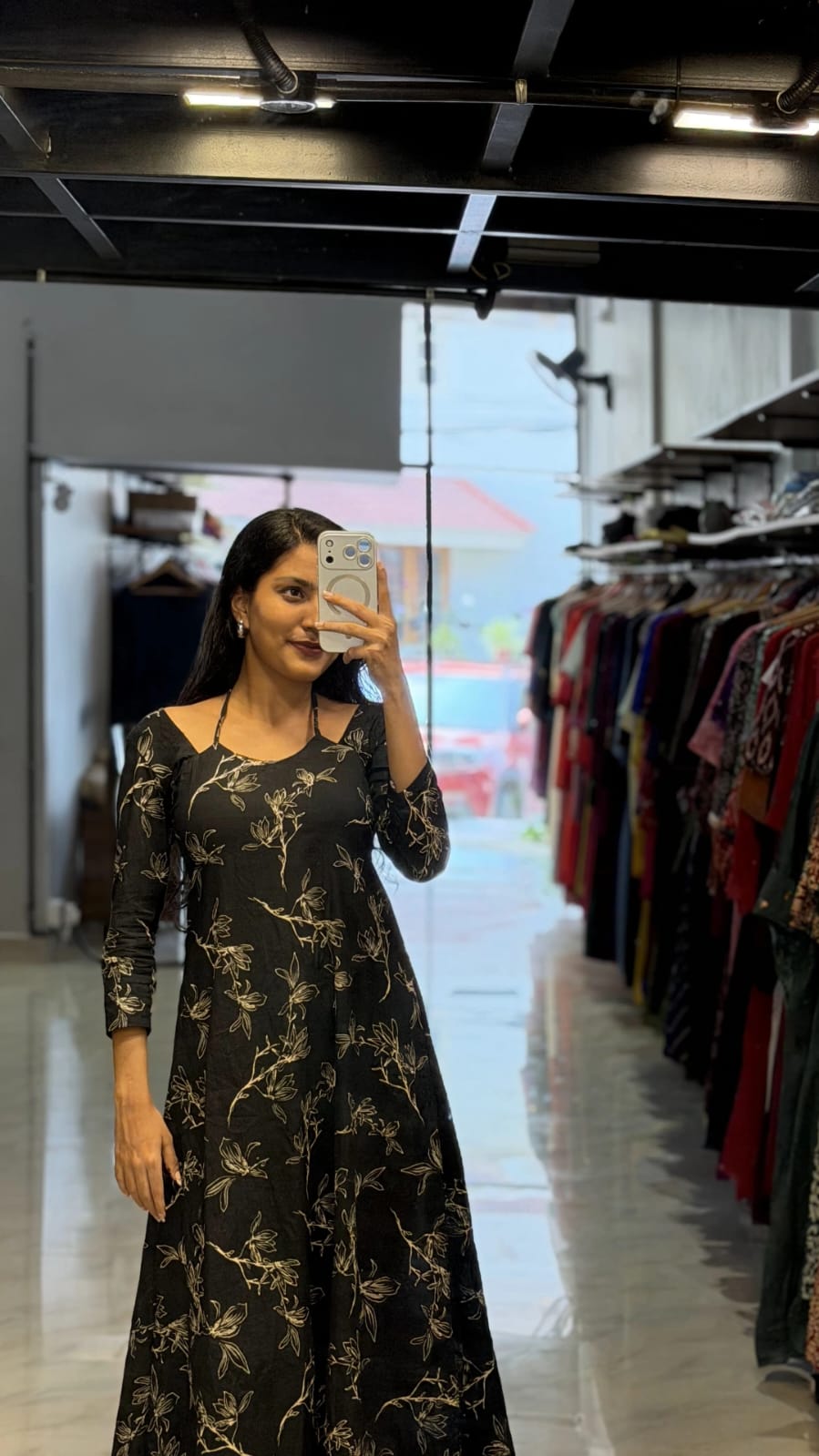[PBC1049] Black Floral Outline Jaipur Soft Cotton – full-length in-store mirror view showing the silhouette
