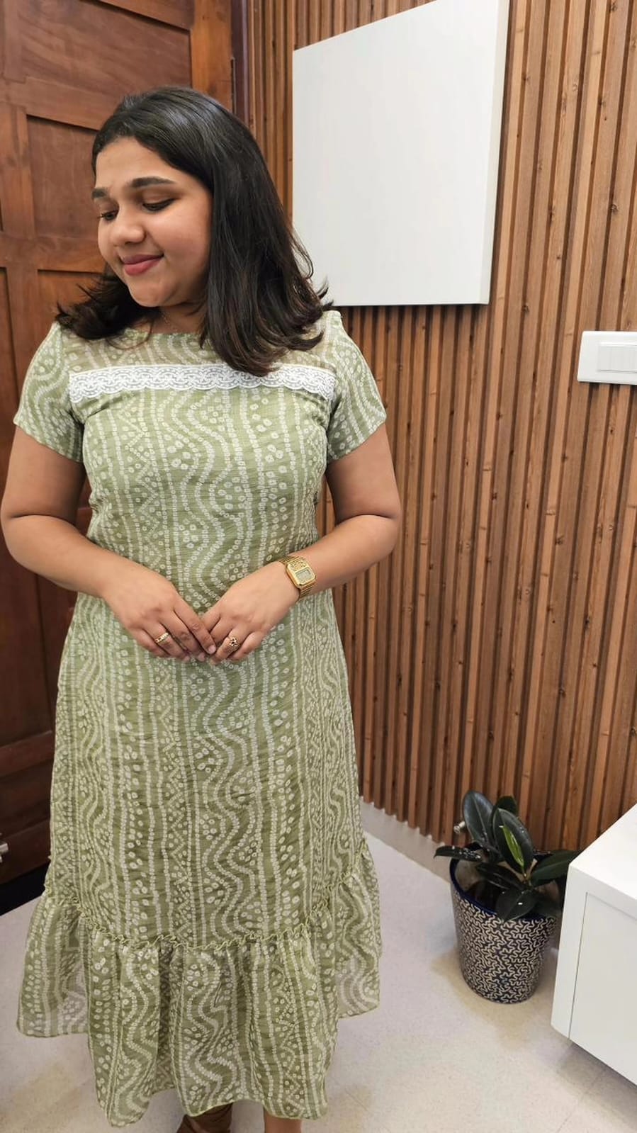 [PBC1051] Sage Bandhani Wave Jaipur Soft Cotton – full-length view showing the lace yoke and tiered hem