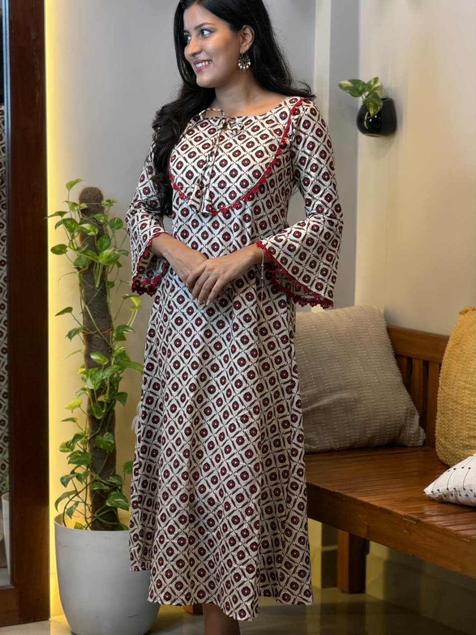 [PBC1052] Ivory & Red Geometric Ajrakh Jaipur Soft Cotton – full-length front view showing the A-Line silhouette and geometric Ajrakh print