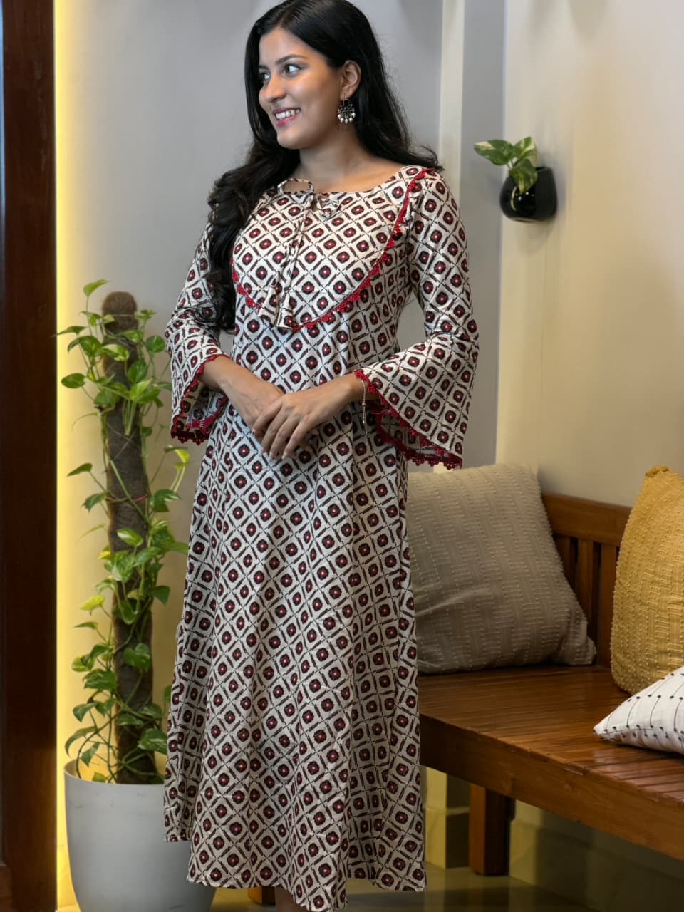 [PBC1052] Ivory & Red Geometric Ajrakh Jaipur Soft Cotton – side view showing the bell sleeves and print placement