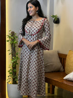 [PBC1052] Ivory & Red Geometric Ajrakh Jaipur Soft Cotton – side view showing the bell sleeves and print placement