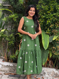 [PBC1053] Green Daisy Embroidered Jaipur Soft Cotton – full-length front view showing the Frill A-Line silhouette and daisy embroidery