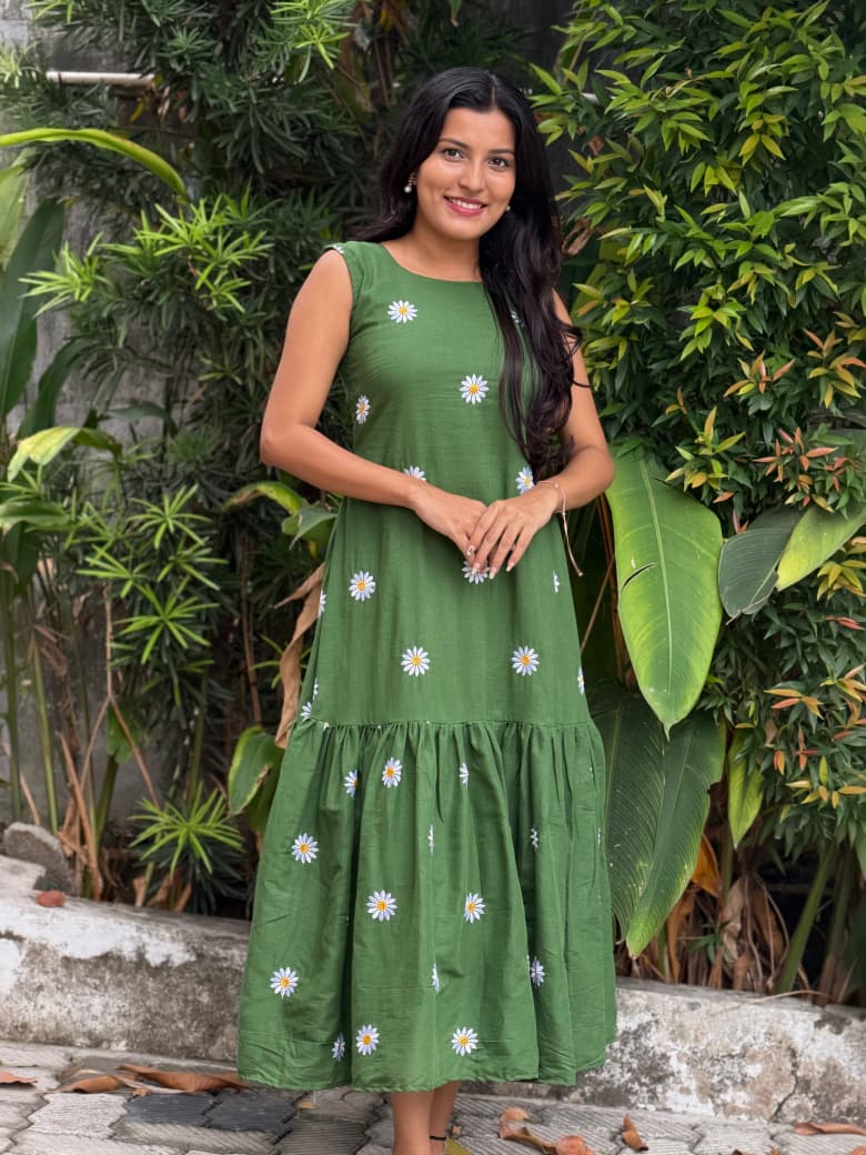 [PBC1053] Green Daisy Embroidered Jaipur Soft Cotton – full-length front view showing the Frill A-Line silhouette and daisy embroidery