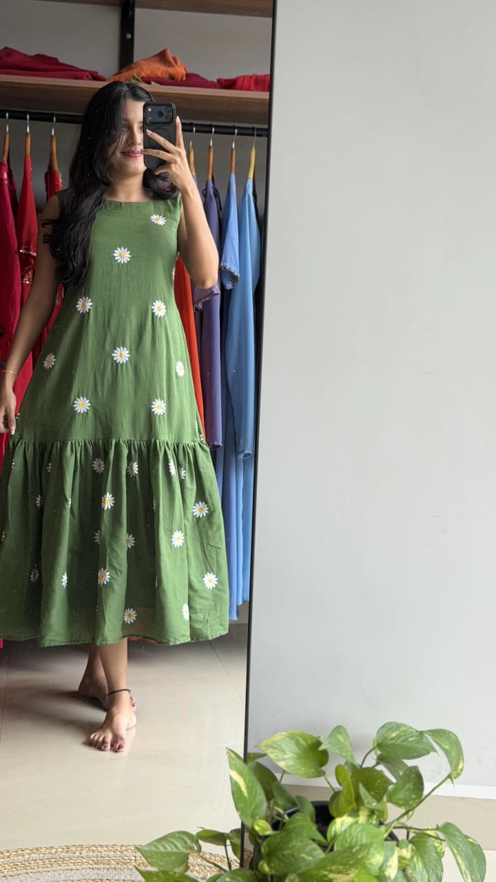 [PBC1053] Green Daisy Embroidered Jaipur Soft Cotton – full-length in-store mirror view showing the silhouette