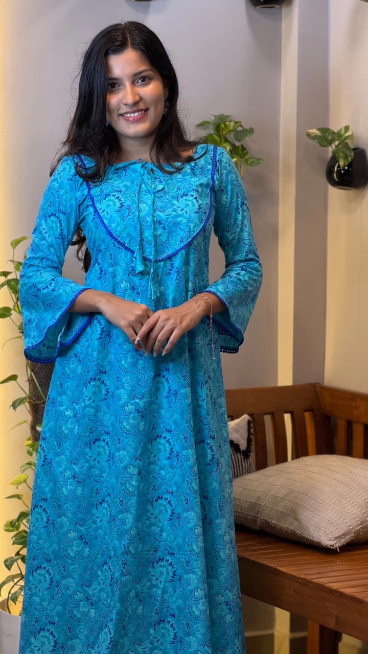 [PBC1054] Turquoise Floral Jaipur Soft Cotton – full-length front view showing the A-Line silhouette and turquoise floral print