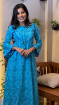 [PBC1054] Turquoise Floral Jaipur Soft Cotton – full-length front view showing the A-Line silhouette and turquoise floral print