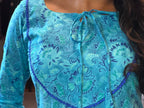 [PBC1054] Turquoise Floral Jaipur Soft Cotton – extreme close-up of the crochet yoke trim and tie detail