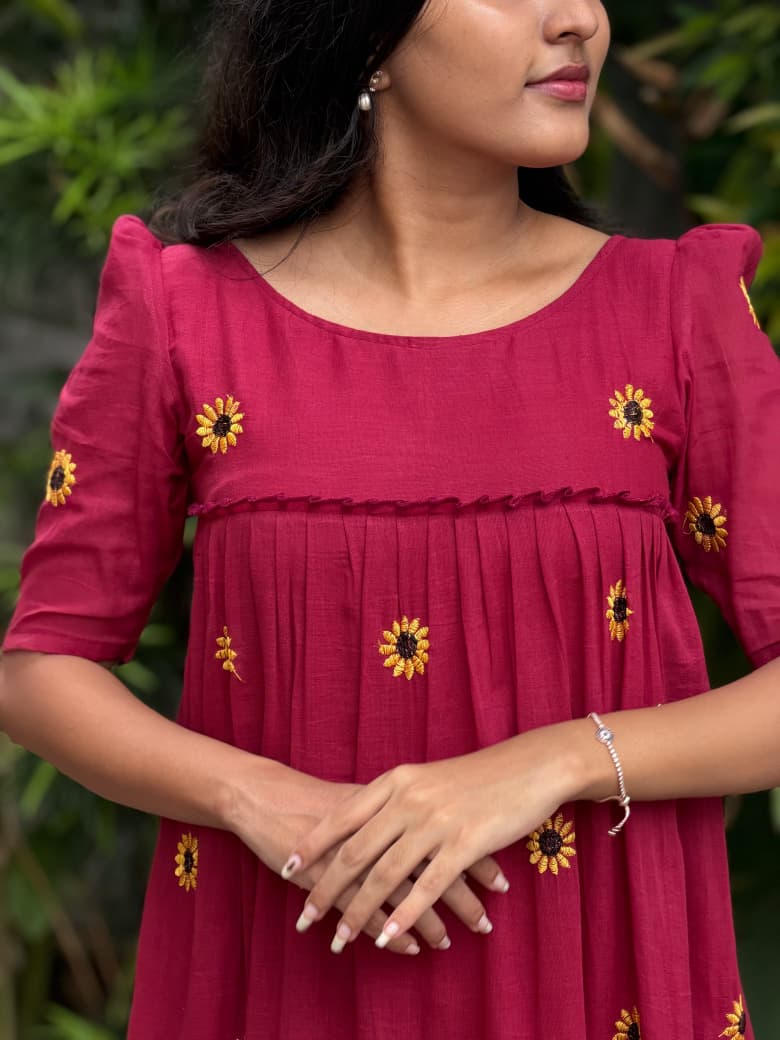 [PBC1055] Crimson Sunflower Jaipur Soft Cotton – close-up of the yoke and embroidered yellow sunflowers