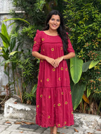 [PBC1055] Crimson Sunflower Jaipur Soft Cotton – full-length front view showing the scattered yellow sunflower embroidery