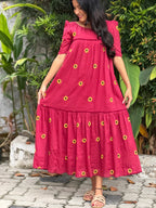 [PBC1055] Crimson Sunflower Jaipur Soft Cotton – full-length view holding the skirt out to show the flare and sunflower motifs