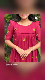 [PBC1055] Crimson Sunflower Jaipur Soft Cotton – bodice view showing the sunflower embroidery placement across the yoke and bodice
