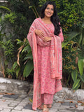[PBC1056] Rose Pink Floral Jaipur Soft Cotton – full-length front view with the dupatta draped across the front