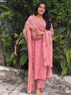 [PBC1056] Rose Pink Floral Jaipur Soft Cotton – full-length front view with the dupatta draped across the front