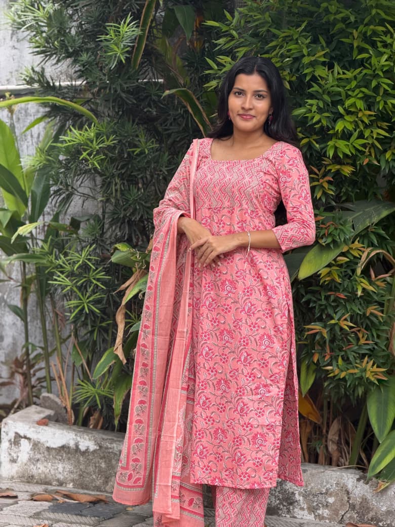 [PBC1056] Rose Pink Floral Jaipur Soft Cotton – three-quarter side view showing the silhouette and floral print