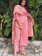 [PBC1056] Rose Pink Floral Jaipur Soft Cotton – dupatta draped over the head showing the paisley border