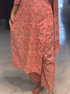 [PBC1056] Rose Pink Floral Jaipur Soft Cotton – mid-length detail showing the side slit and hand-block floral print