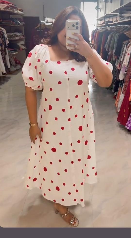 [PBC1057] Red Polka-Dot Jaipur Soft Cotton – full-length view of the ivory dress with a classic red polka-dot print
