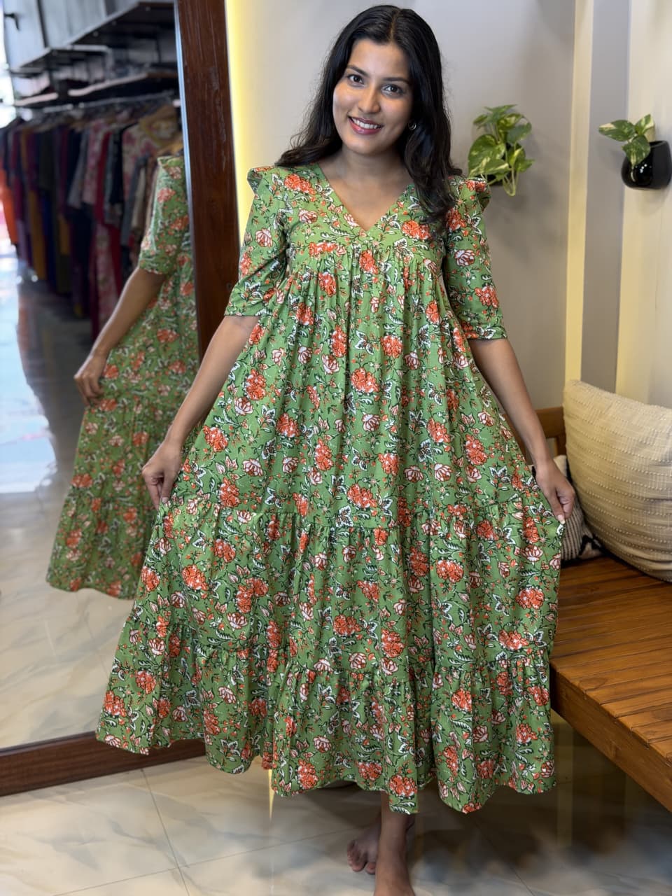 [PBC1058] Green Floral Jaipur Soft Cotton – full-body front