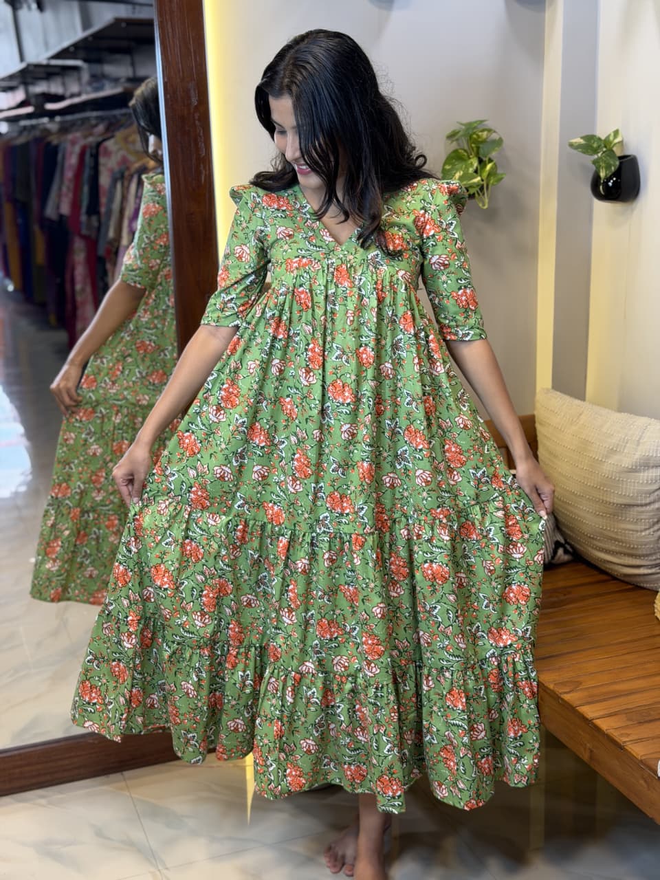[PBC1058] Green Floral Jaipur Soft Cotton – full-body skirt held out