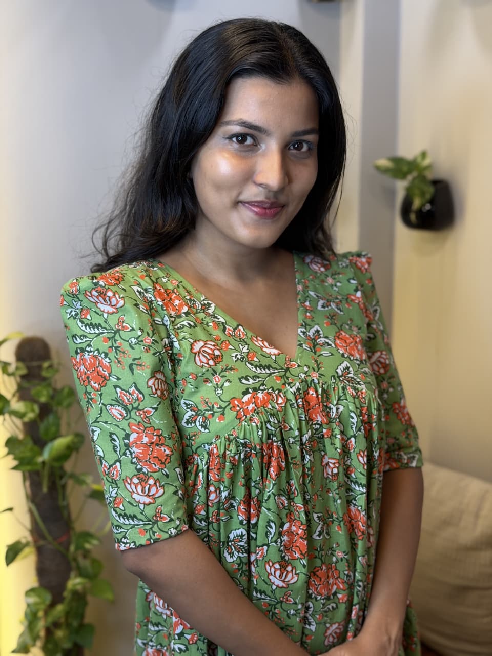 [PBC1058] Green Floral Jaipur Soft Cotton – bodice and yoke detail