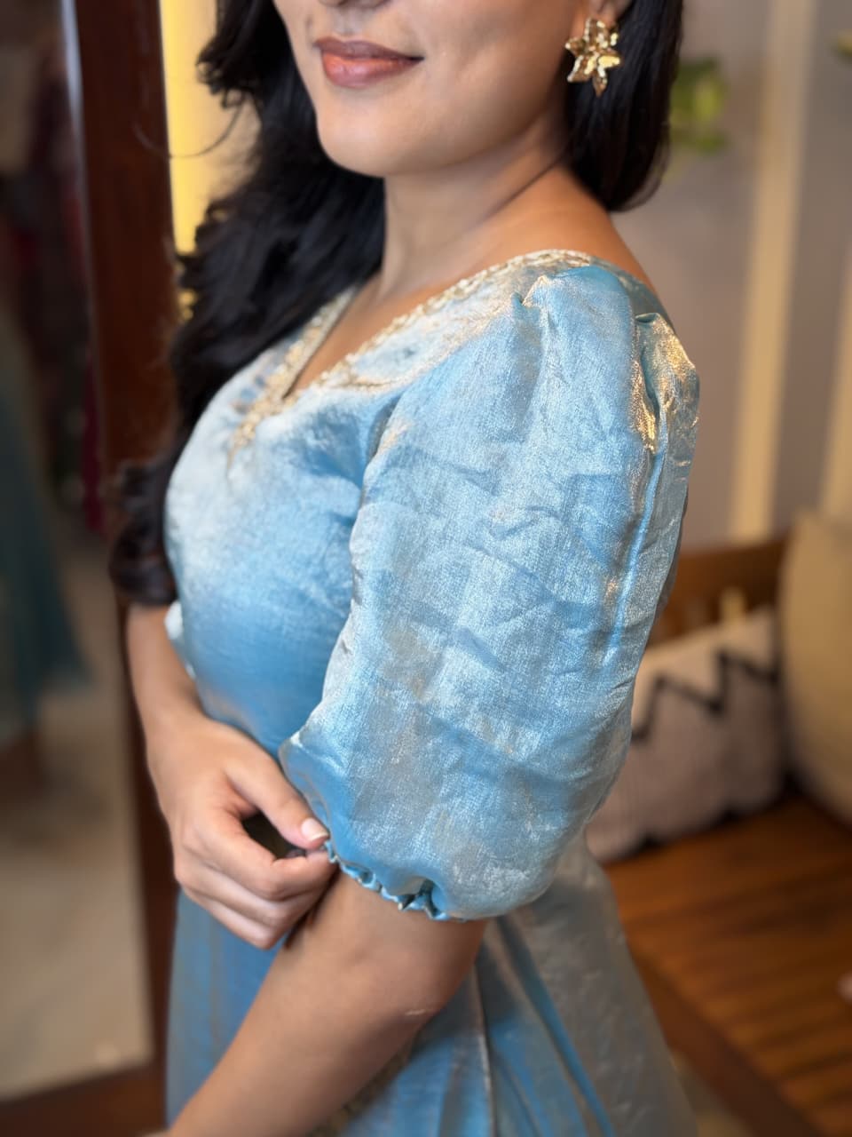 [PBC1060] Sky Blue Shimmer Fendi Organza – side angle