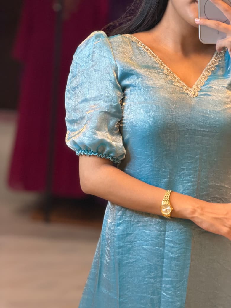 [PBC1060] Sky Blue Shimmer Fendi Organza – sleeve and neckline detail