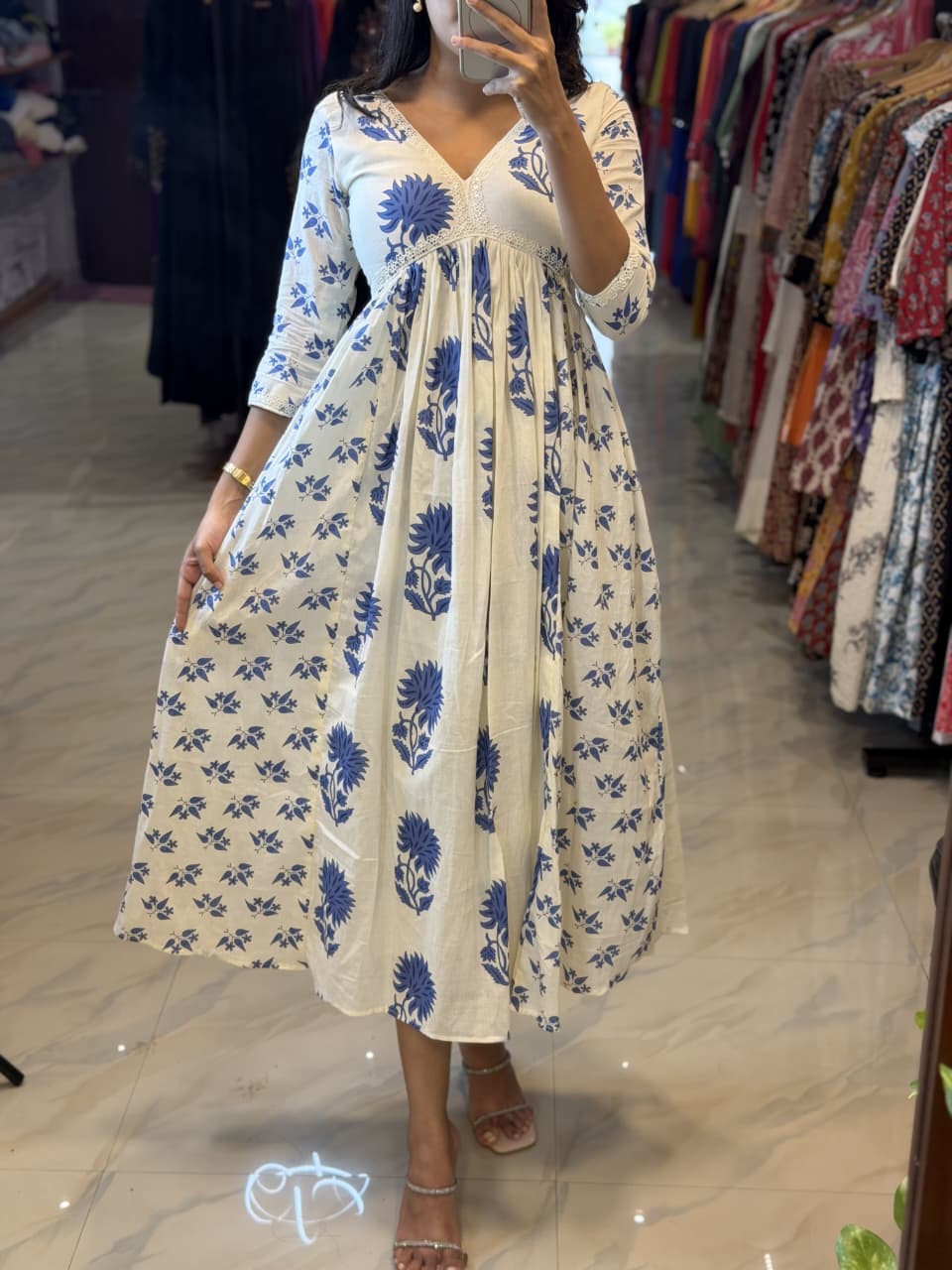 [PBC1061] Indigo Bloom Jaipur Soft Cotton – full-length mirror view of the cobalt floral print