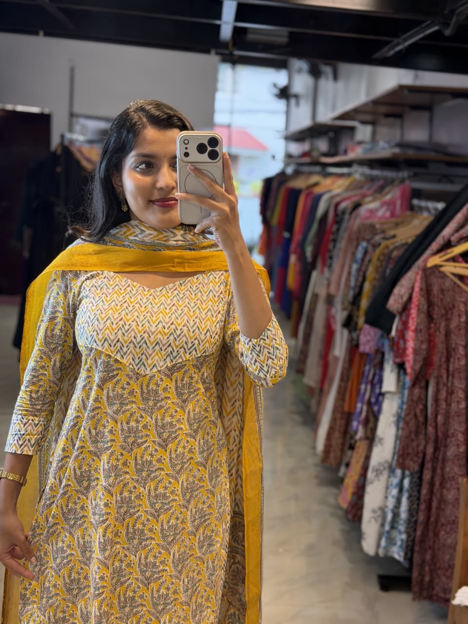 [PBC1062] Marigold Floral Boota Jaipur Soft Cotton – three-quarter view with dupatta drape