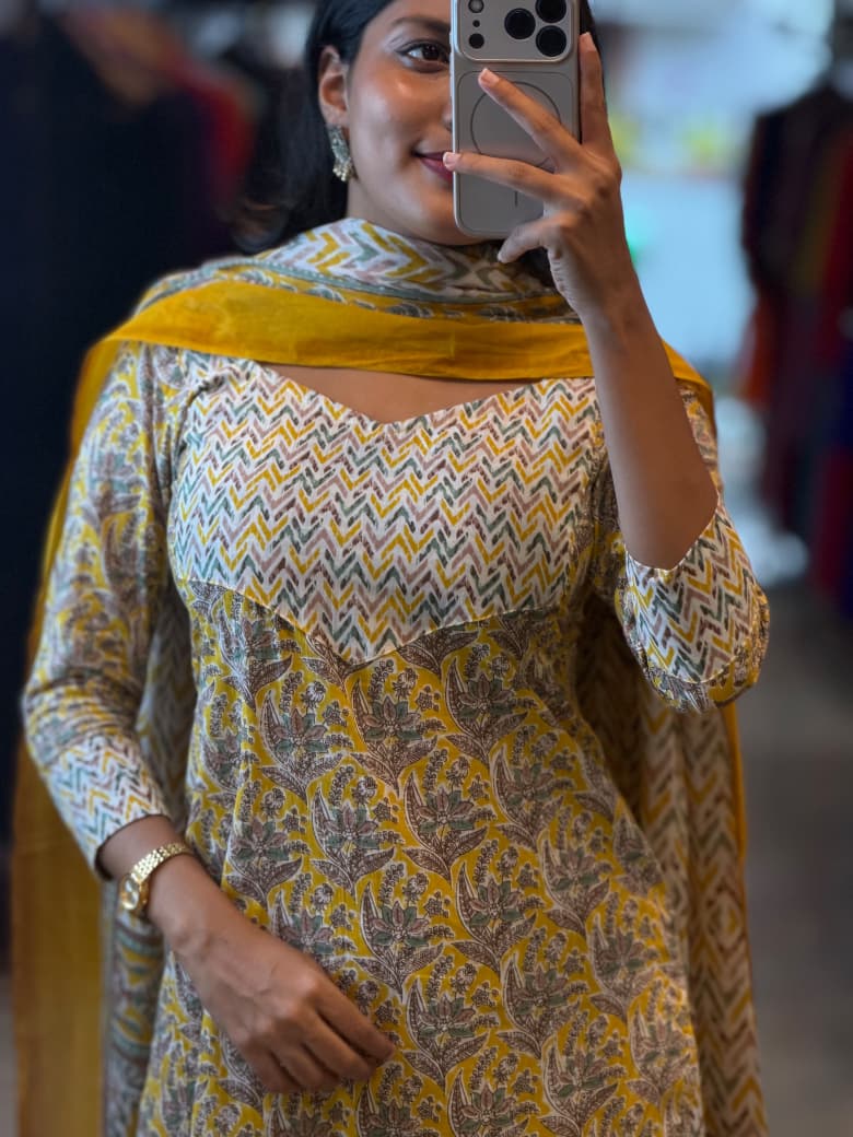 [PBC1062] Marigold Floral Boota Jaipur Soft Cotton – three-quarter view with dupatta drape
