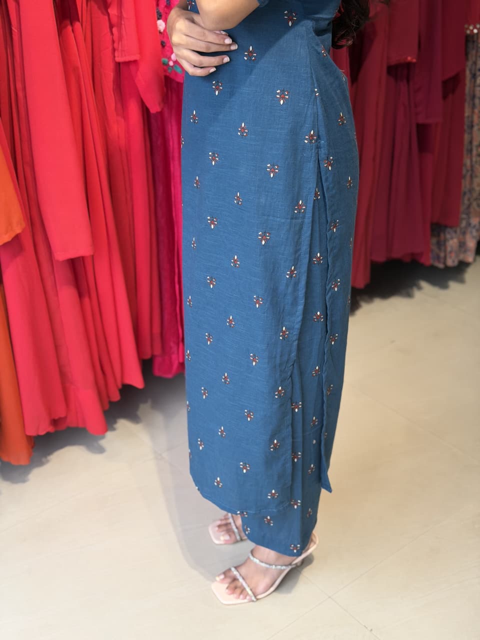[PBC1064] Teal Booti Jaipur Soft Cotton – side view with matching bottoms