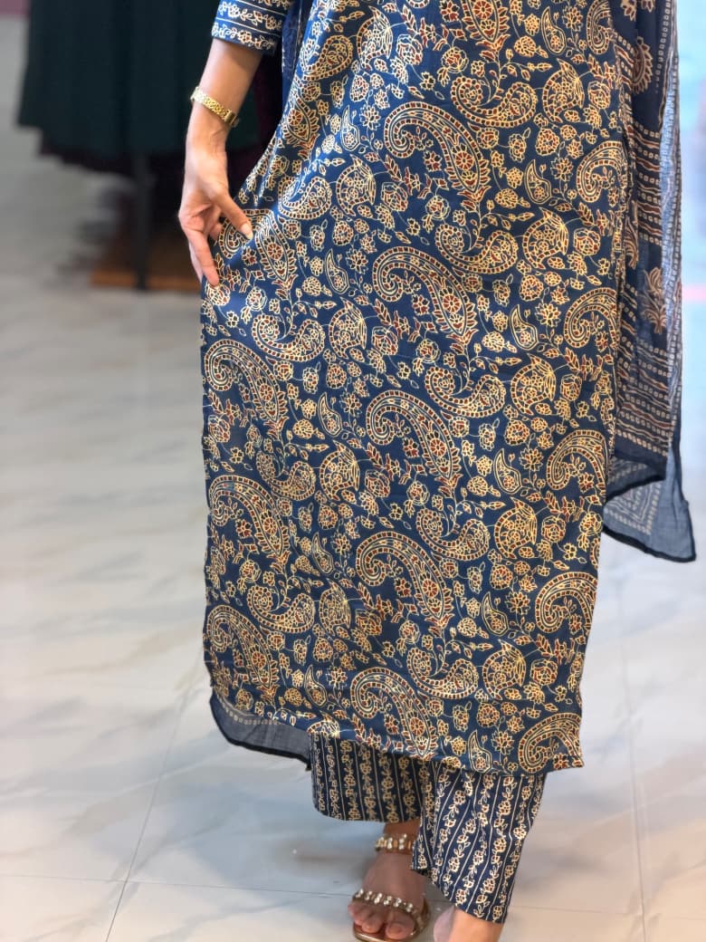 [PBC1066] Indigo Ajrakh Paisley Jaipur Soft Cotton – lower body paisley print with matching bottoms