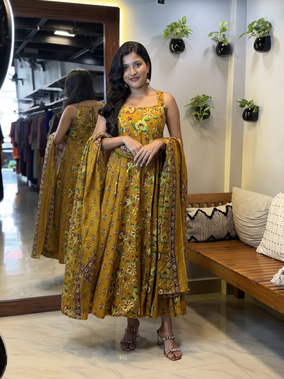 [PBC1068] Mustard Kalamkari Floral Jaipur Soft Cotton – full-body front, dupatta draped over shoulders