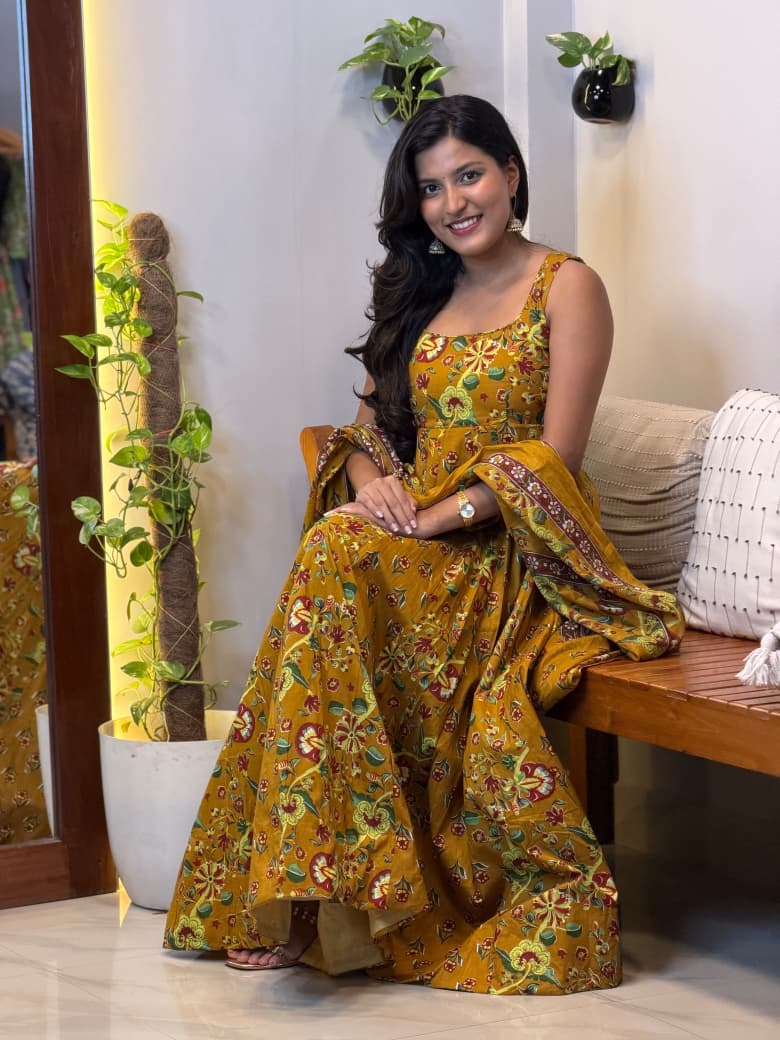 [PBC1068] Mustard Kalamkari Floral Jaipur Soft Cotton – seated pose