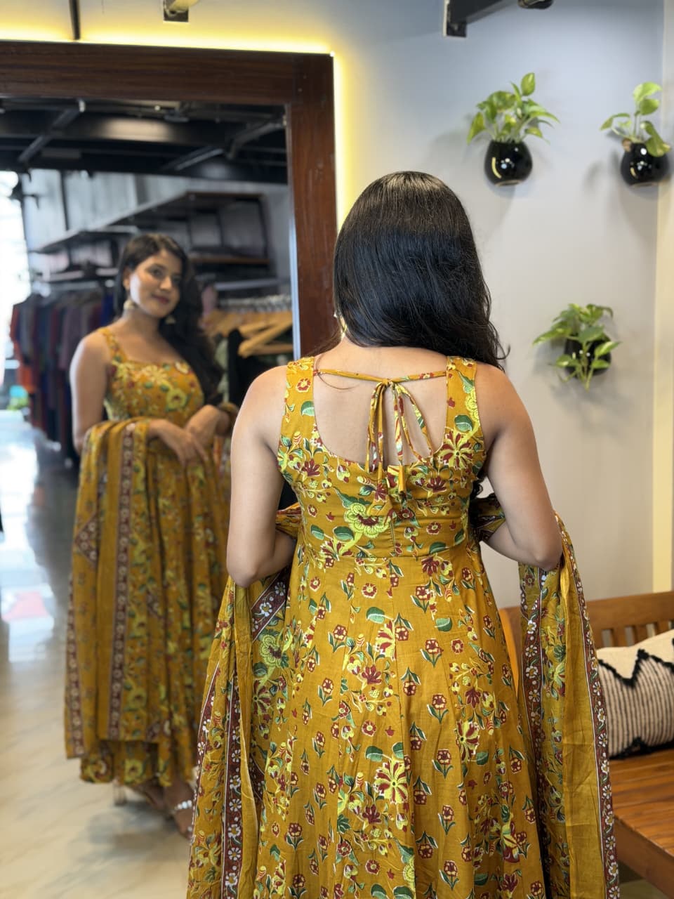 [PBC1068] Mustard Kalamkari Floral Jaipur Soft Cotton – back view with tie neckline
